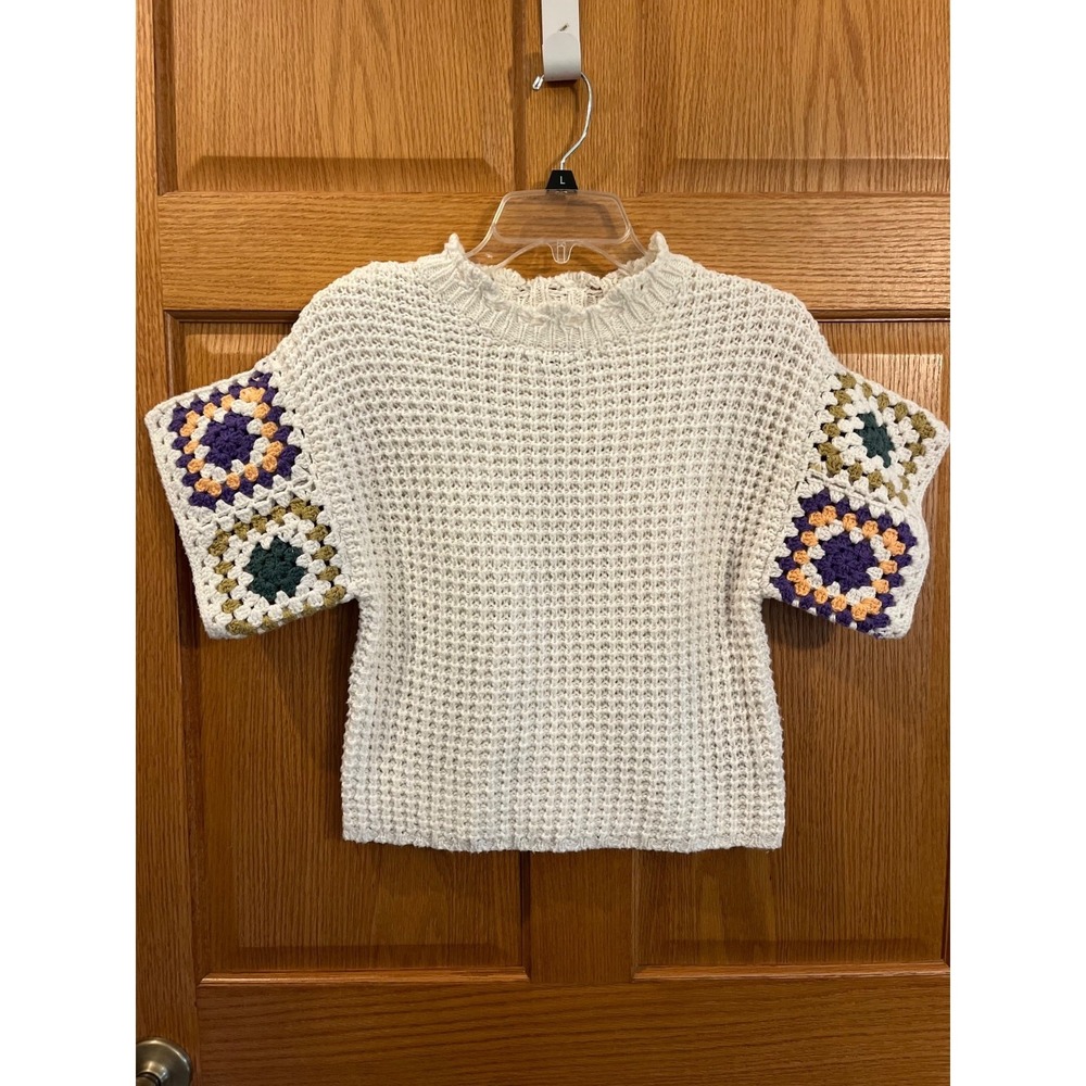 Grandmacore Boho Crochet Artsy Cottagecore Granny Square Crop Sweater Womens S